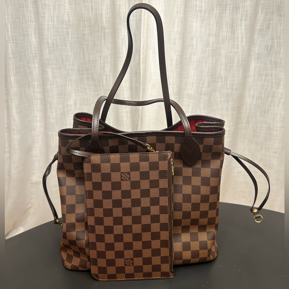 Louis Vuitton Neverfull MM Damier Ebene Tote with Detachable Pochette.